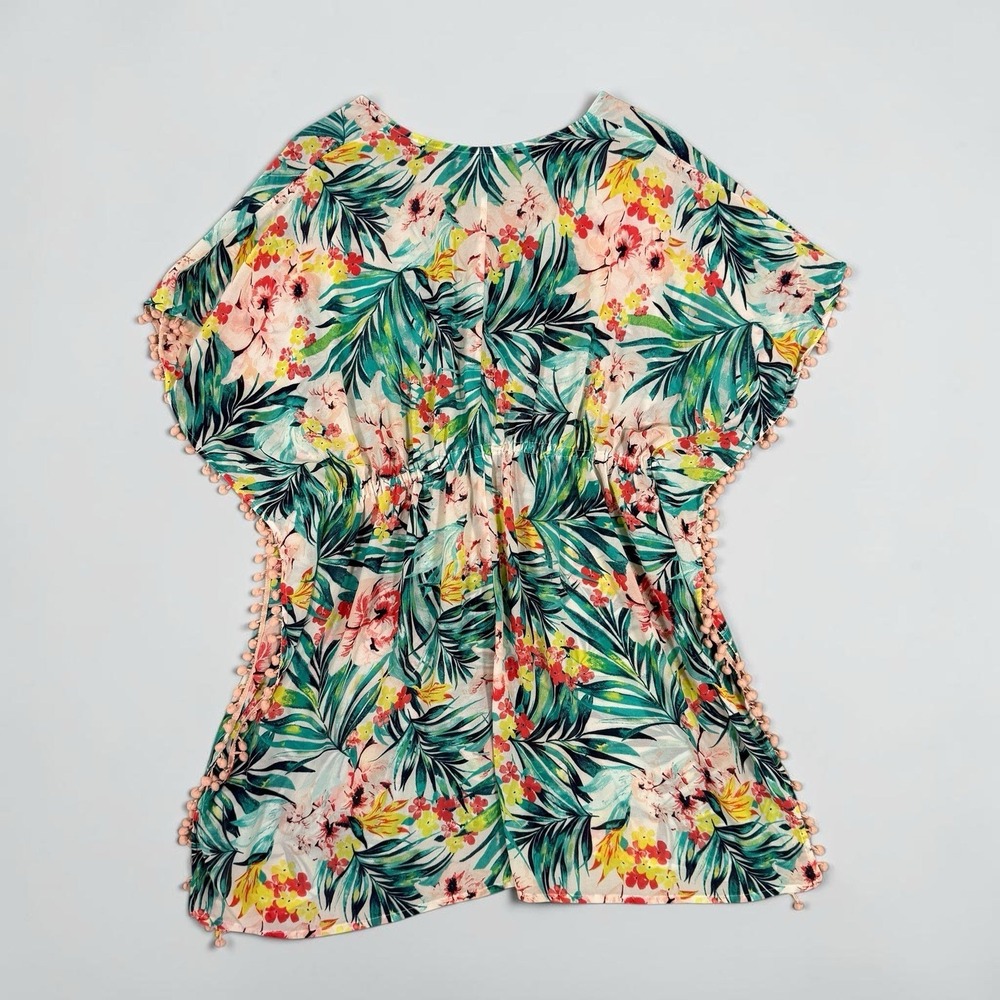Merona Tropical Pom Pom Trim Floral Cover Up Dress Large Beach Resort Vacation - Picture 6 of 6